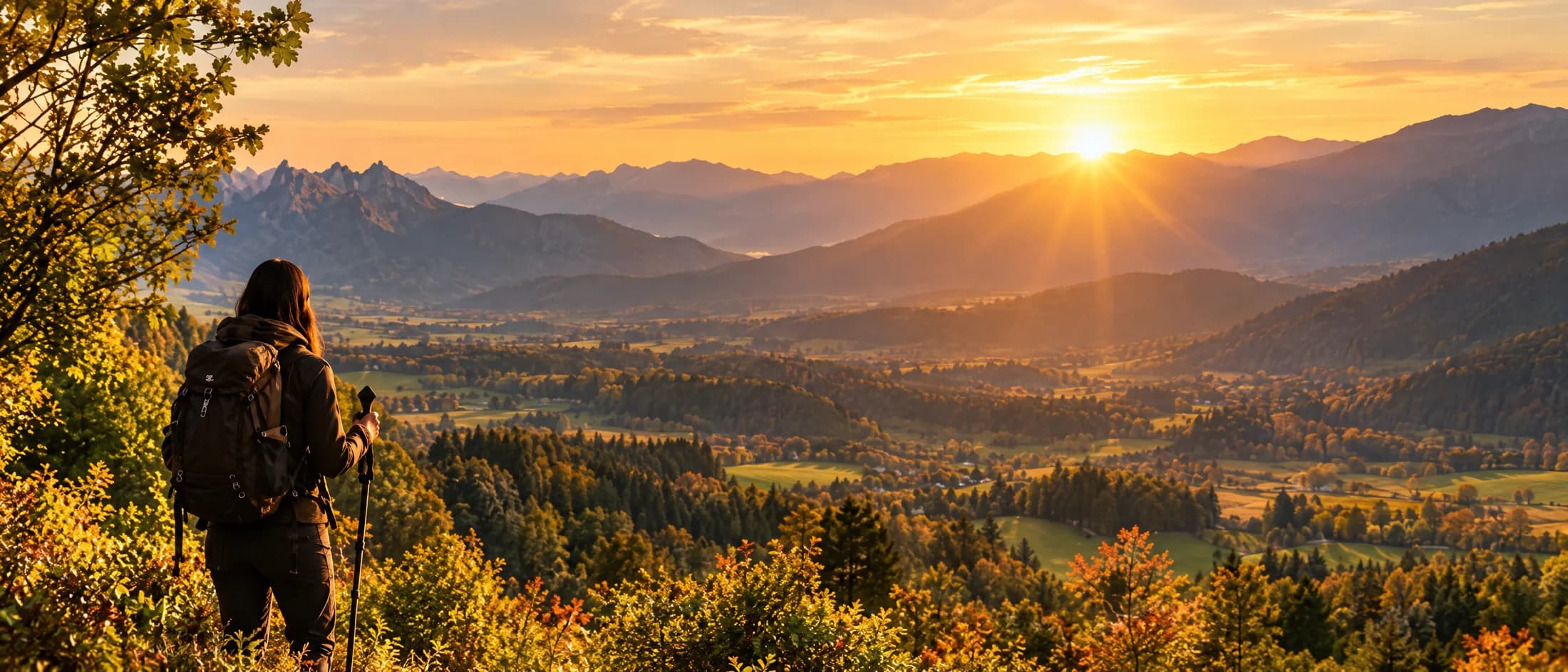 Wandelaar kijkt uit over bergen bij zonsopkomst