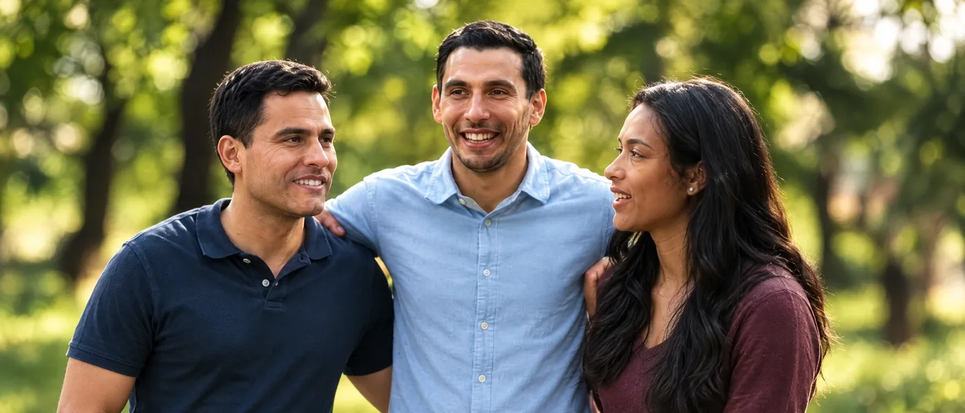 Drie jonge deelnemers lachen samen buiten, ontwikkelprogramma From a Hero to Heroes